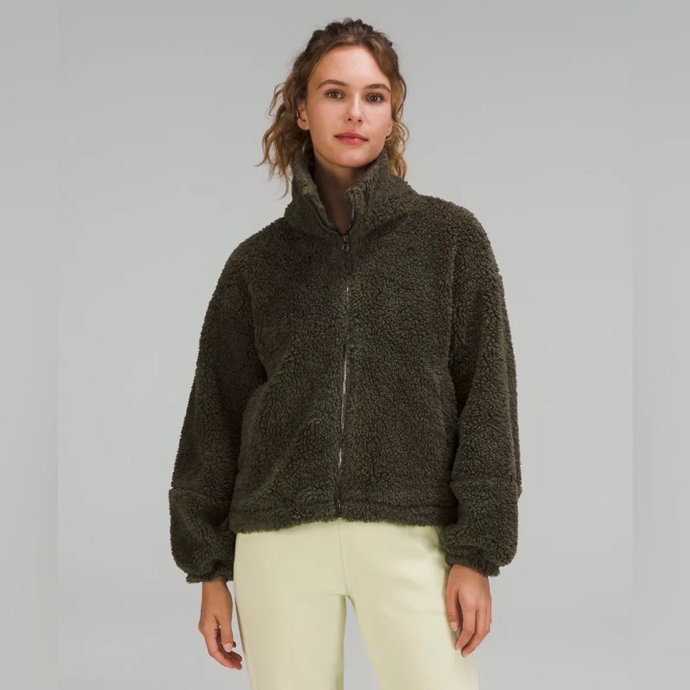 Lululemon Cinchable Fleece Zip-up Funnel neck Jacket Dark Olive Green Size 6